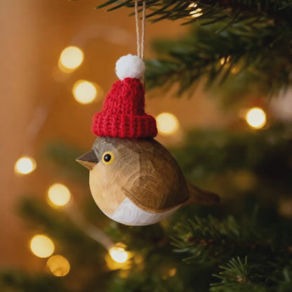 European Robin Christmas Ornament - Hand‑Carved Wood with Knit Hat, Gift Box Included