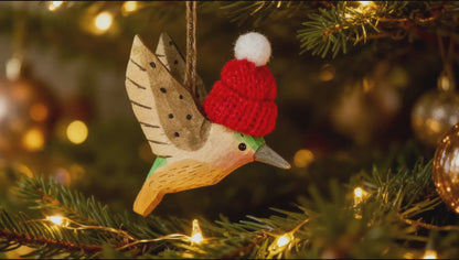 Hummingbird Christmas Ornament - Hand‑Carved Wood with Knit Hat, Gift Box Included