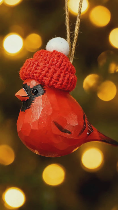Cardinal Male Christmas Ornament - Hand‑Carved Wood with Knit Hat, Gift Box Included