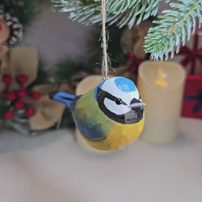 Eurasian Blue Tit Wooden Hanging Christmas Tree Ornament