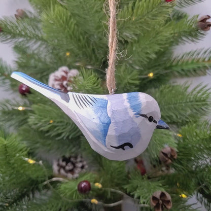 Azure Tit Wooden Hanging Ornament | Hand-Carved Basswood