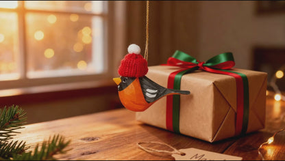 American Robin Christmas Ornament made of Wood - Hand-Carved with Knit Hat, Gift Box Included