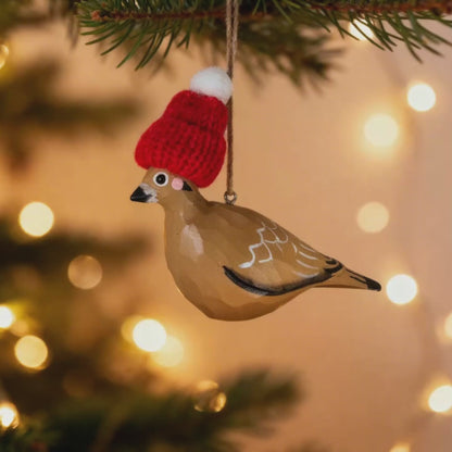 Mourning Dove Christmas Ornament - Hand‑Carved Wood with Knit Hat, Gift Box Included
