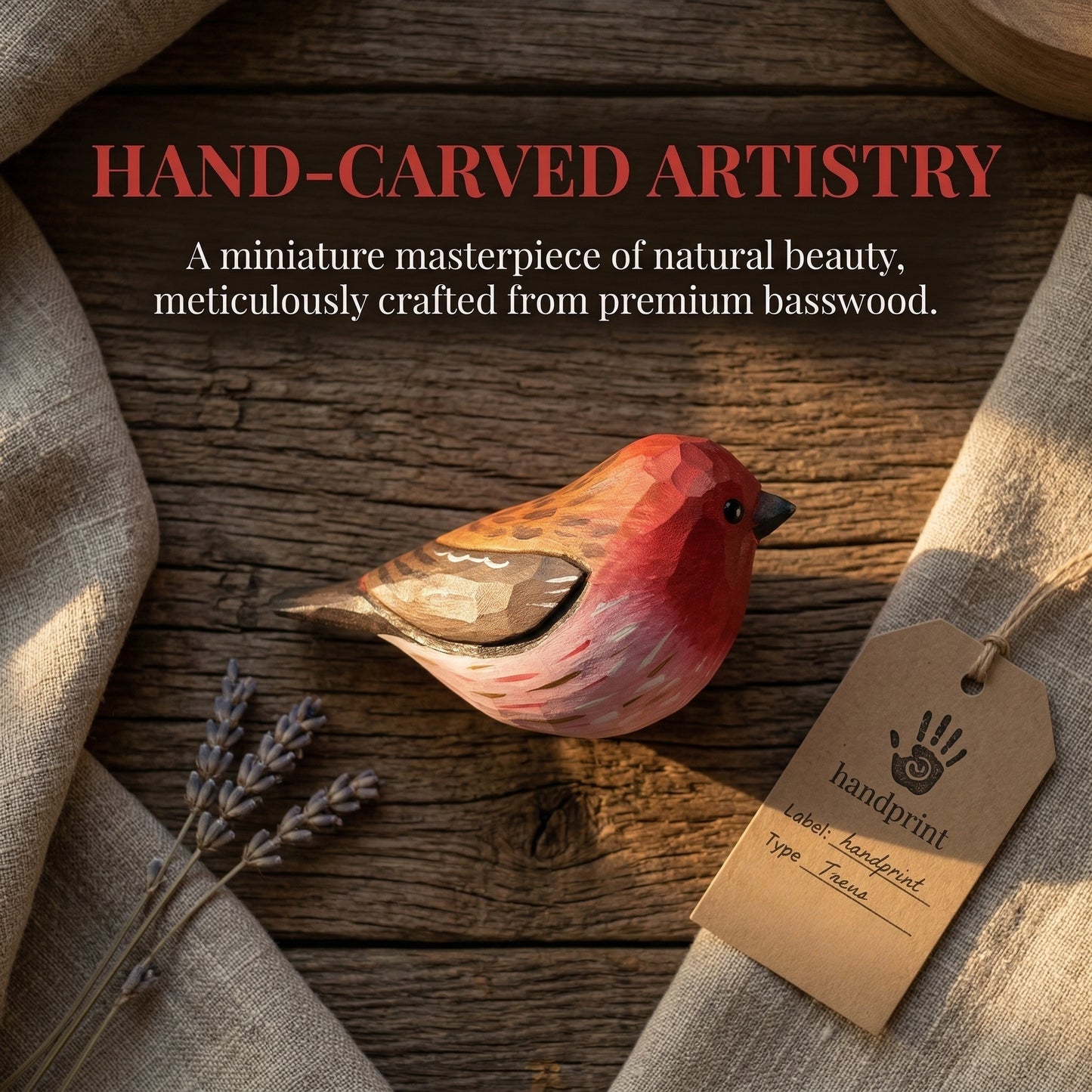 A hand-carved wooden Purple finch sculpture with a red-pink breast, brown wings, and gray tail, displayed on a rustic wooden surface with linen fabric, dried lavender, and a paper tag that reads 'handprint'. Text at the top reads 'HAND-CARVED ARTISTRY'.