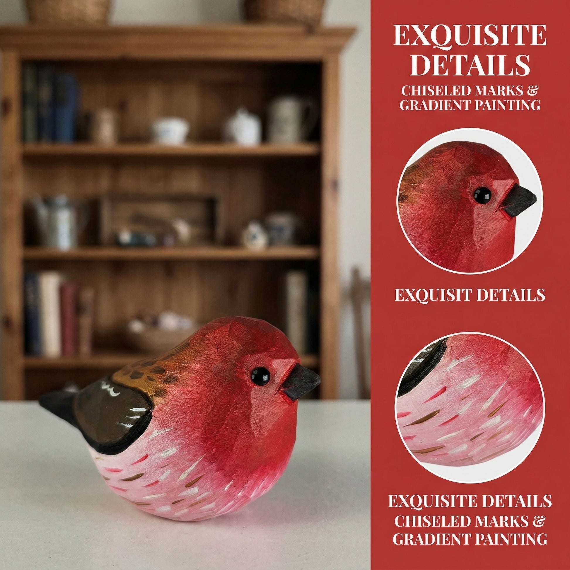 A carved wooden Purple finch figurine with red, pink, and brown detailing sits on a white surface in front of a blurred wooden bookshelf. A vertical red text panel on the right highlights 'EXQUISITE DETAILS' with close-up circular views of the carving's texture and beak.