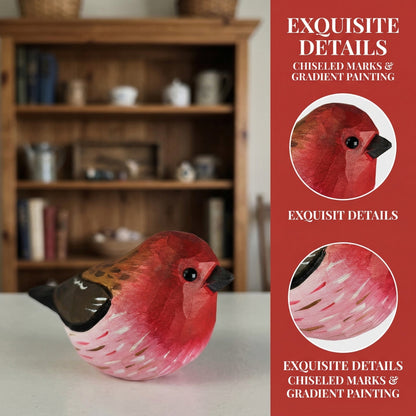 A carved wooden Purple finch figurine with red, pink, and brown detailing sits on a white surface in front of a blurred wooden bookshelf. A vertical red text panel on the right highlights 'EXQUISITE DETAILS' with close-up circular views of the carving's texture and beak.