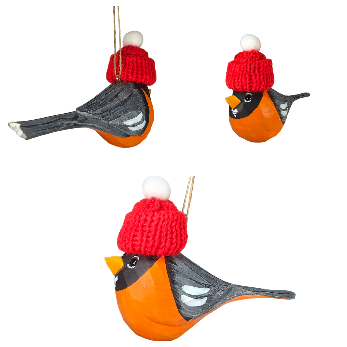 American Robin Christmas Ornament made of Wood - Hand-Carved with Knit Hat, Gift Box Included