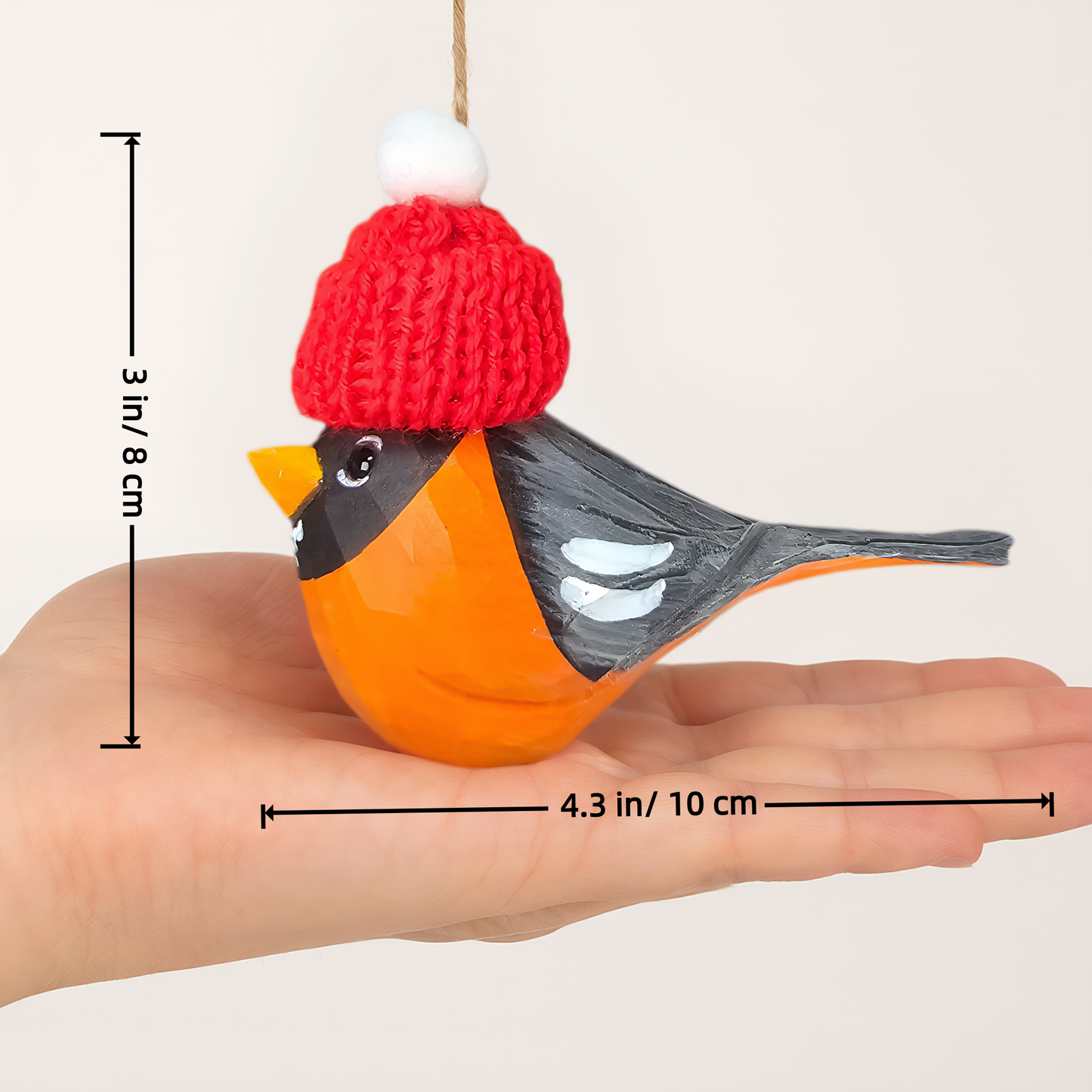 American Robin Christmas Ornament made of Wood - Hand-Carved with Knit Hat, Gift Box Included