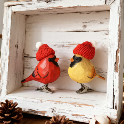 Cardinal Couple Clip‑On Christmas Ornaments - Hand‑Carved Wood with Knit Hats, Gift Box Included