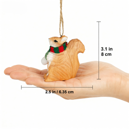 Squirrel Christmas Ornament - Hand‑Carved Wood with Knit Scarf, Gift Box Included