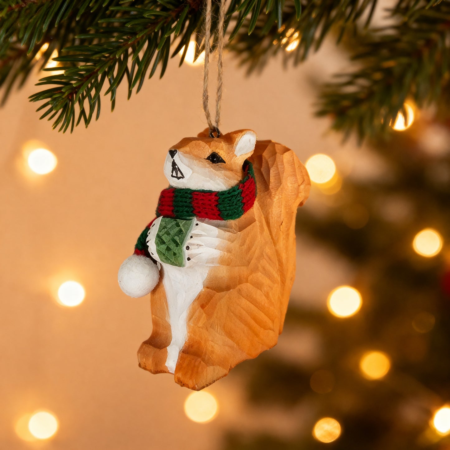 Squirrel Christmas Ornament - Hand‑Carved Wood with Knit Scarf, Gift Box Included