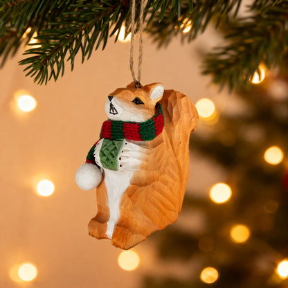 Squirrel Christmas Ornament - Hand‑Carved Wood with Knit Scarf, Gift Box Included