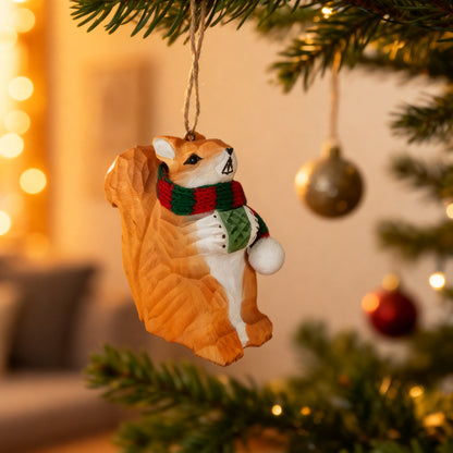 Squirrel Christmas Ornament - Hand‑Carved Wood with Knit Scarf, Gift Box Included