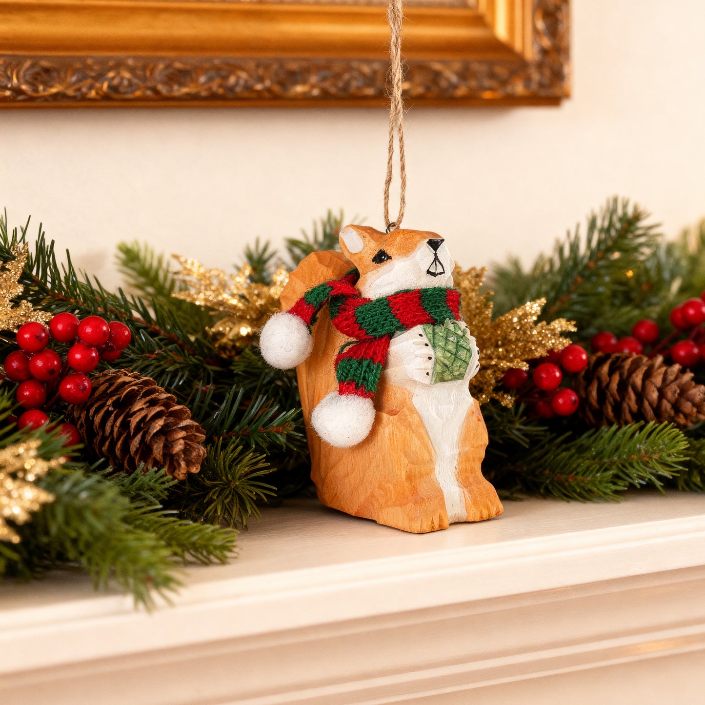 Squirrel Christmas Ornament - Hand‑Carved Wood with Knit Scarf, Gift Box Included