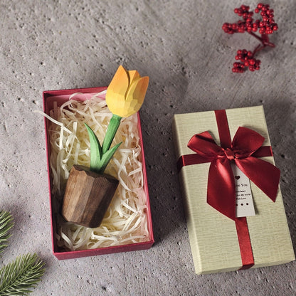 Tulip Hand-Carved Wooden Flower With Gift Box Packing - Wooden Islands