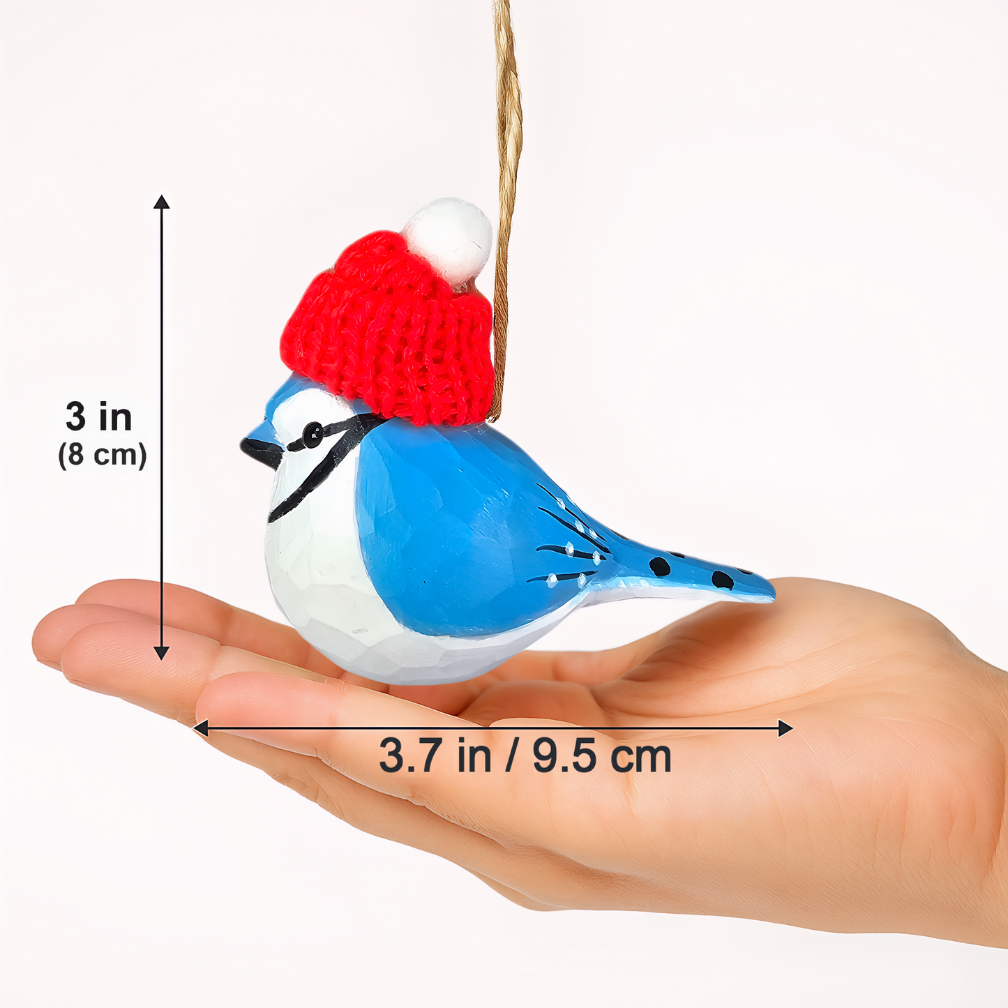 Bluejay Christmas Ornament - Hand‑Carved Wood with Knit Hat, Gift Box Included