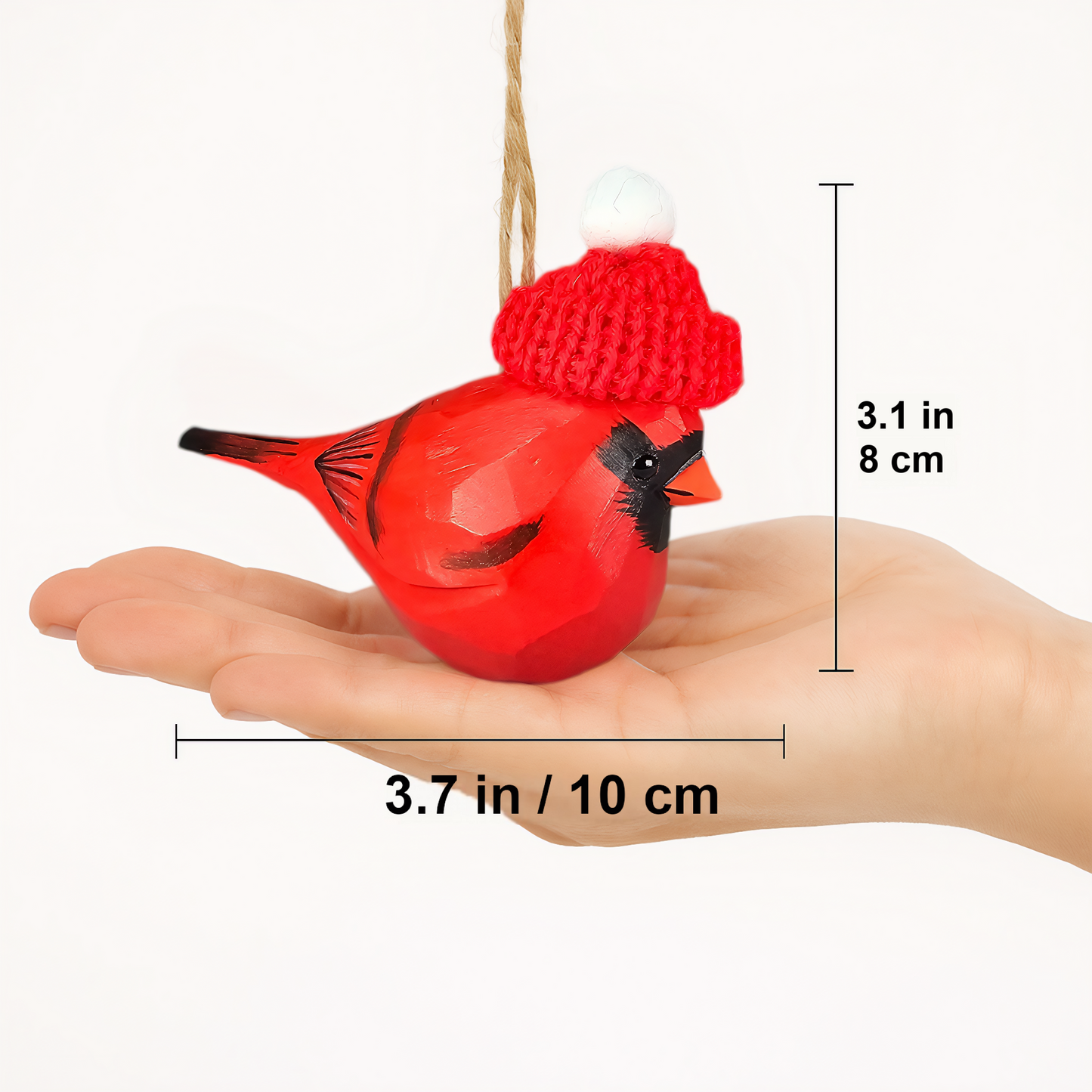 Cardinal Male Christmas Ornament - Hand‑Carved Wood with Knit Hat, Gift Box Included