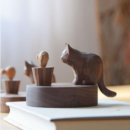 Wooden Hand-Carved Diffuser Decor for Essential oils Cat Meet with Meat DC - Wooden Islands