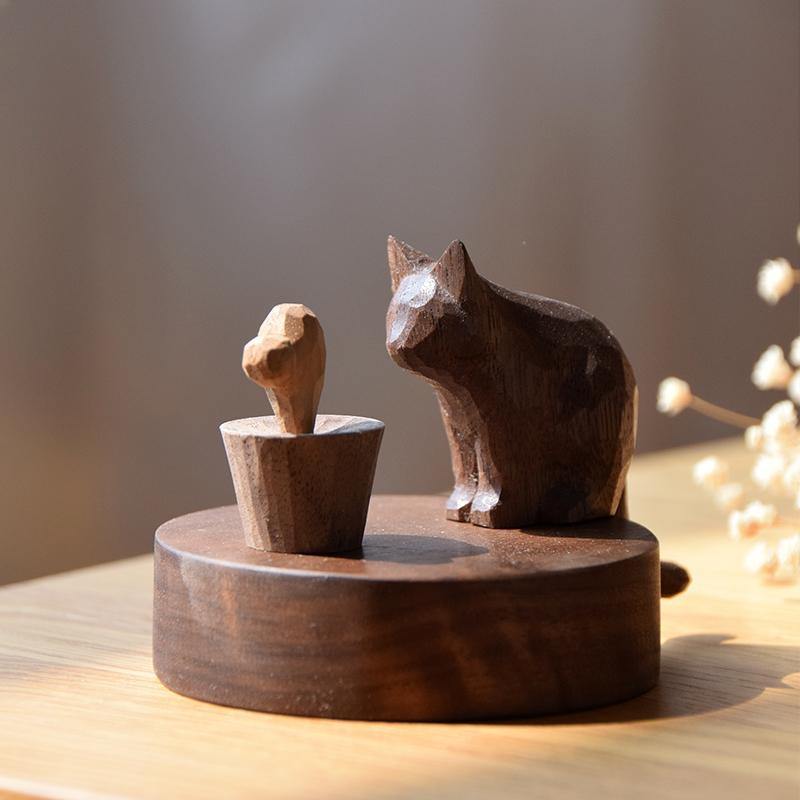 Wooden Hand-Carved Diffuser Decor for Essential oils Cat Meet with Meat DC - Wooden Islands