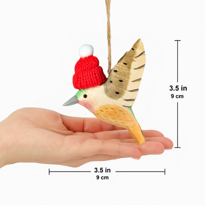 Hummingbird Christmas Ornament - Hand‑Carved Wood with Knit Hat, Gift Box Included