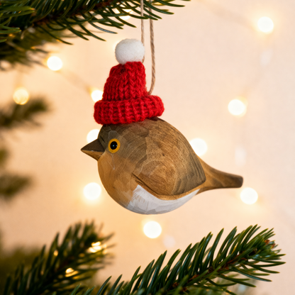European Robin Christmas Ornament - Hand‑Carved Wood with Knit Hat, Gift Box Included