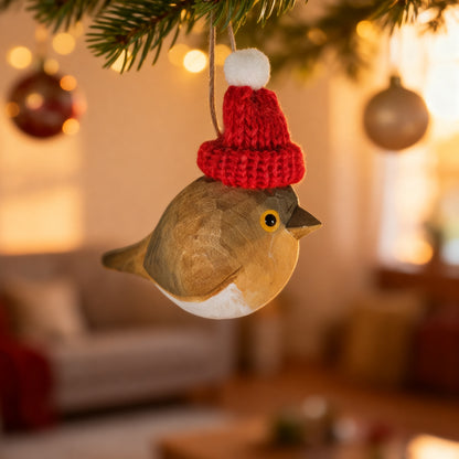 European Robin Christmas Ornament - Hand‑Carved Wood with Knit Hat, Gift Box Included