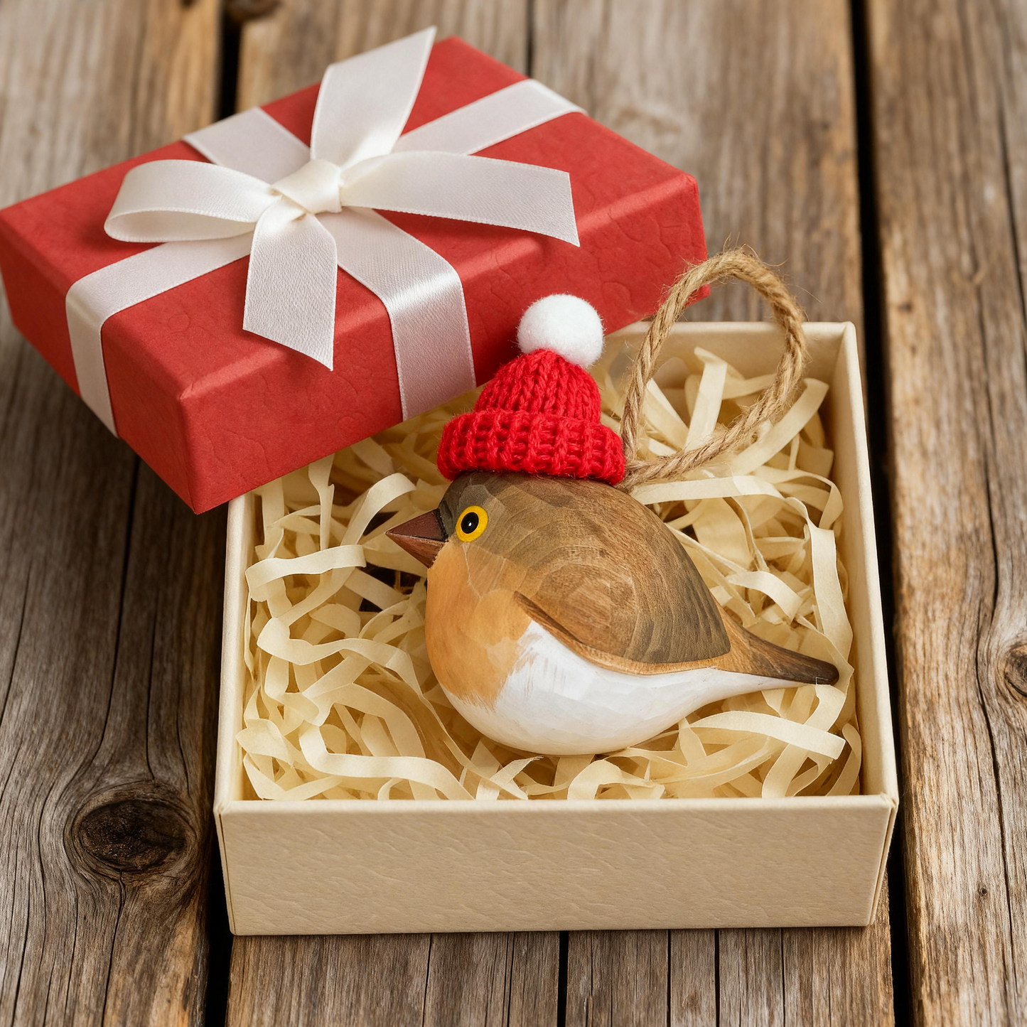 European Robin Christmas Ornament - Hand‑Carved Wood with Knit Hat, Gift Box Included