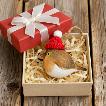 European Robin Christmas Ornament - Hand‑Carved Wood with Knit Hat, Gift Box Included
