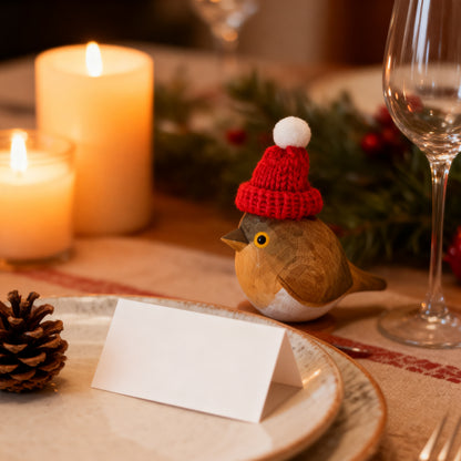 European Robin Christmas Ornament - Hand‑Carved Wood with Knit Hat, Gift Box Included