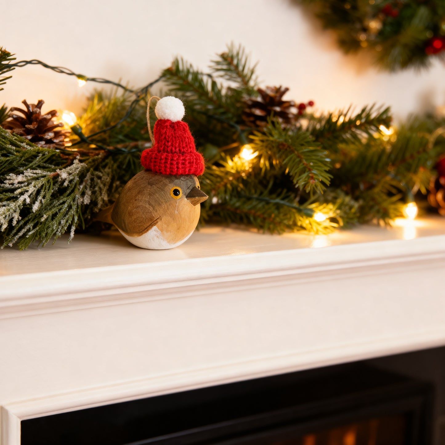 European Robin Christmas Ornament - Hand‑Carved Wood with Knit Hat, Gift Box Included