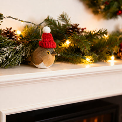 European Robin Christmas Ornament - Hand‑Carved Wood with Knit Hat, Gift Box Included