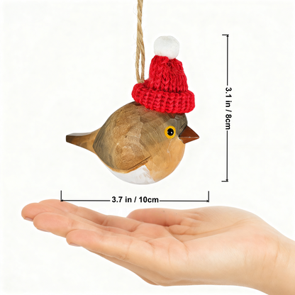 European Robin Christmas Ornament - Hand‑Carved Wood with Knit Hat, Gift Box Included
