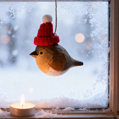 European Robin Christmas Ornament - Hand‑Carved Wood with Knit Hat, Gift Box Included