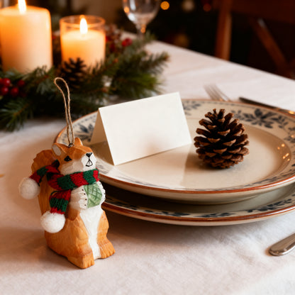 Squirrel Christmas Ornament - Hand‑Carved Wood with Knit Scarf, Gift Box Included