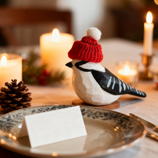 Downy Woodpecker Christmas Ornament - Hand‑Carved Wood with Knit Hat, Gift Box Included
