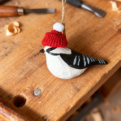 Downy Woodpecker Christmas Ornament - Hand‑Carved Wood with Knit Hat, Gift Box Included