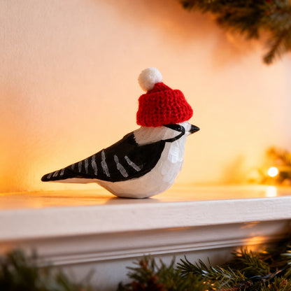 Downy Woodpecker Christmas Ornament - Hand‑Carved Wood with Knit Hat, Gift Box Included