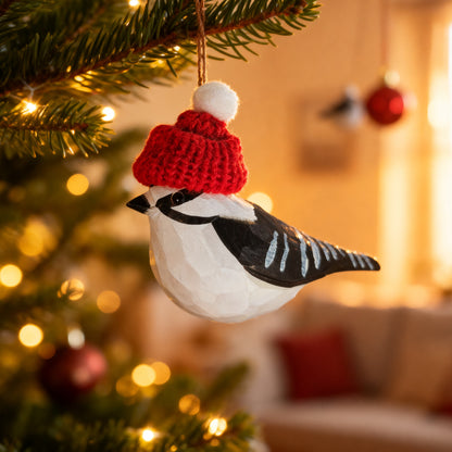 Downy Woodpecker Christmas Ornament - Hand‑Carved Wood with Knit Hat, Gift Box Included