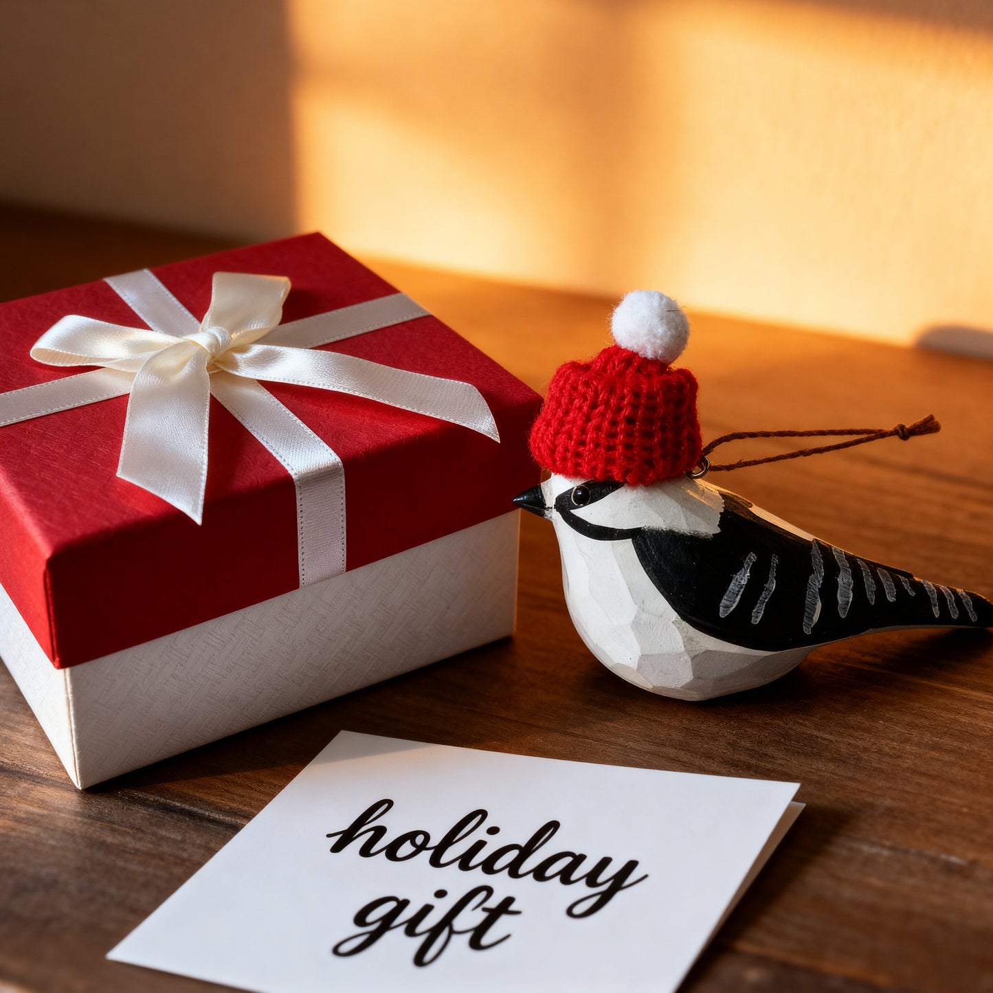 Red gift box with white ribbon, bird ornament wearing a red hat, and 'holiday gift' card on a wooden surface.