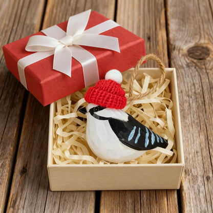 Downy Woodpecker Christmas Ornament - Hand‑Carved Wood with Knit Hat, Gift Box Included
