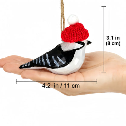 Downy Woodpecker Christmas Ornament - Hand‑Carved Wood with Knit Hat, Gift Box Included
