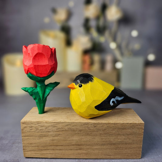 American Goldfinch A With Rose - Wooden Islands