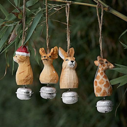 Animal Bell Hanging | Hand Carved Painted Wooden Decor Christmas tree ornaments set of 4 - Wooden Islands