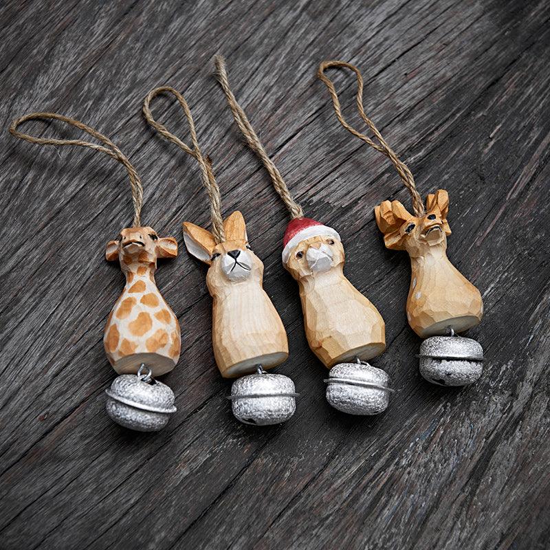 Animal Bell Hanging | Hand Carved Painted Wooden Decor Christmas tree ornaments set of 4 - Wooden Islands