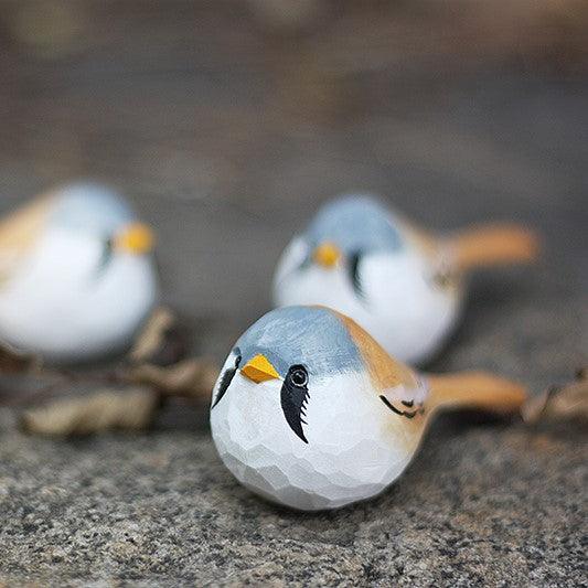 Bearded Tit Figurines Hand Carved Painted Wooden - Wooden Islands