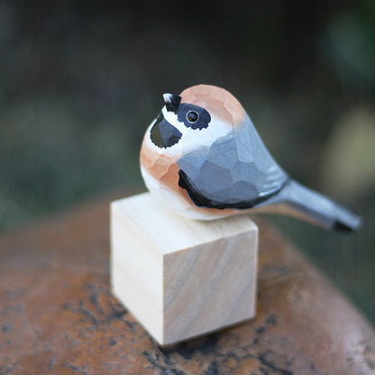 Black-Throated-Bushtit Bird Wooden Figurine Hand Carved Painted - Wooden Islands