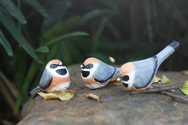Black-Throated-Bushtit Bird Wooden Figurine Hand Carved Painted - Wooden Islands