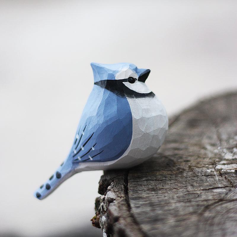 Blue Jay Bird Figurine Hand Carved Painted Wooden - Wooden Islands