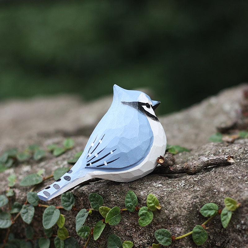 Blue Jay Bird Figurine Hand Carved Painted Wooden - Wooden Islands