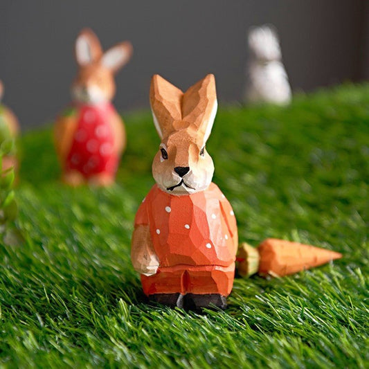 Bunny With Carrot Hand-Carved Figurine - Wooden Islands